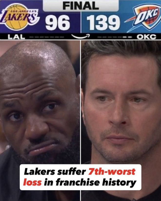 湖人惨败雷霆43分创队史第七大失利 詹姆斯正负
